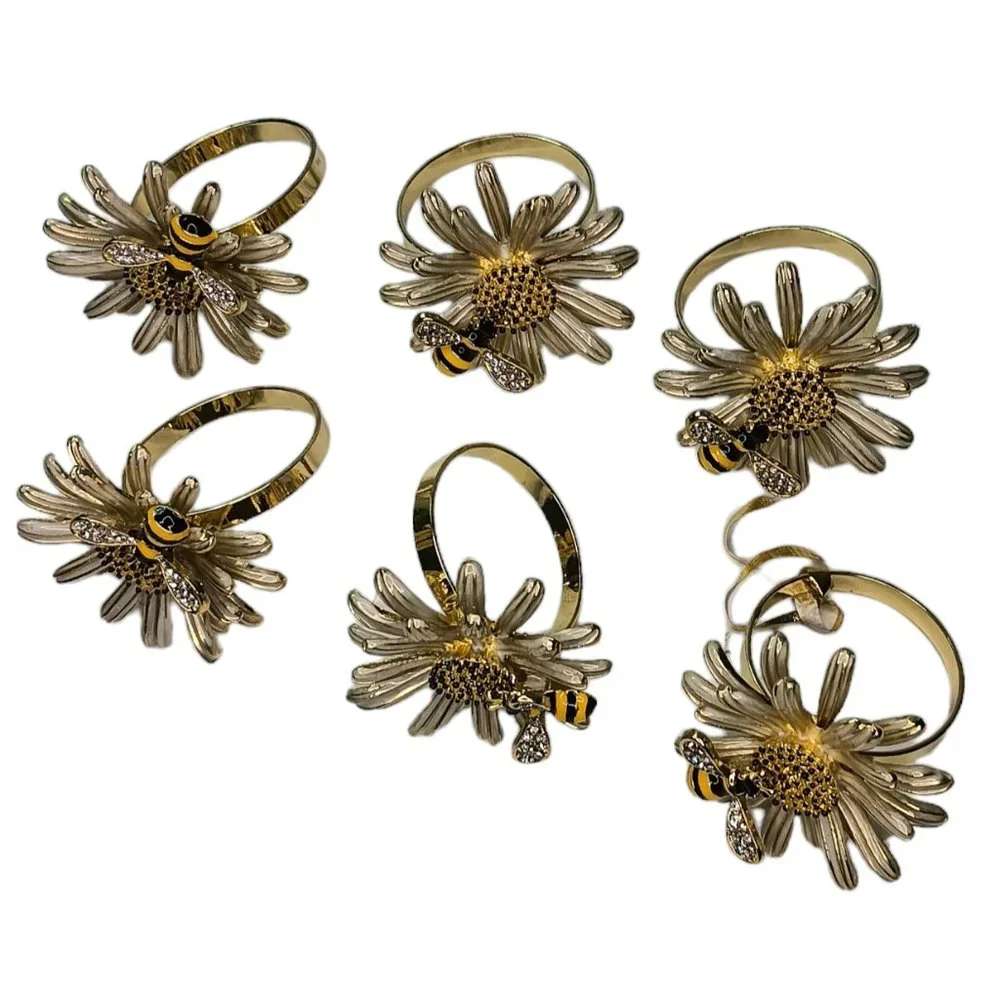 Daisy Flower and Bee Napkin Ring Holders Set of Six